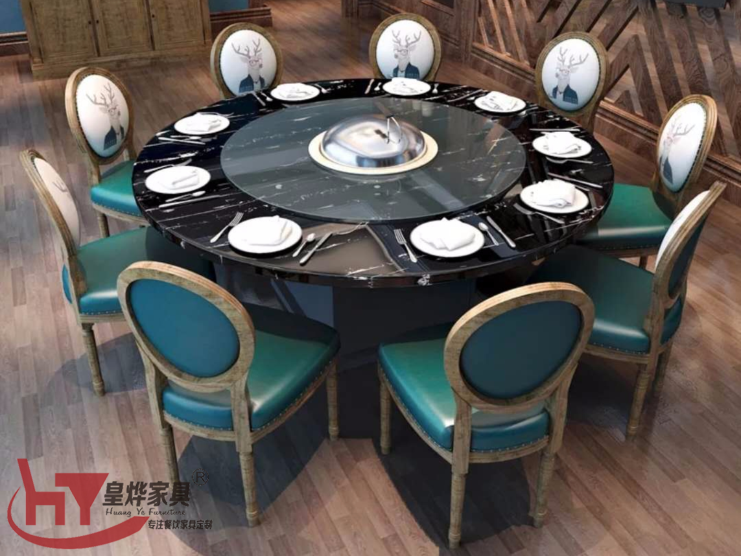 大理石火锅桌,实木餐椅,酒店餐桌椅组合